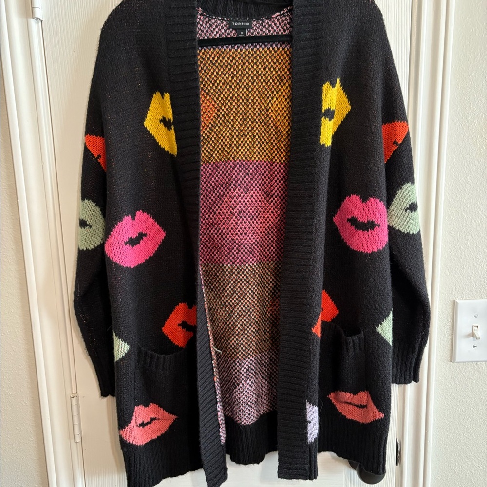 Torrid Black Cardigan with Vibrant Lip Print